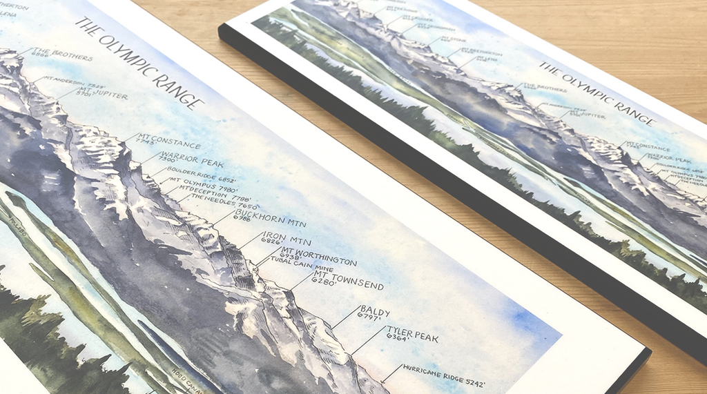 Olympic Mountain Range Map Watercolor Chart with Elevations