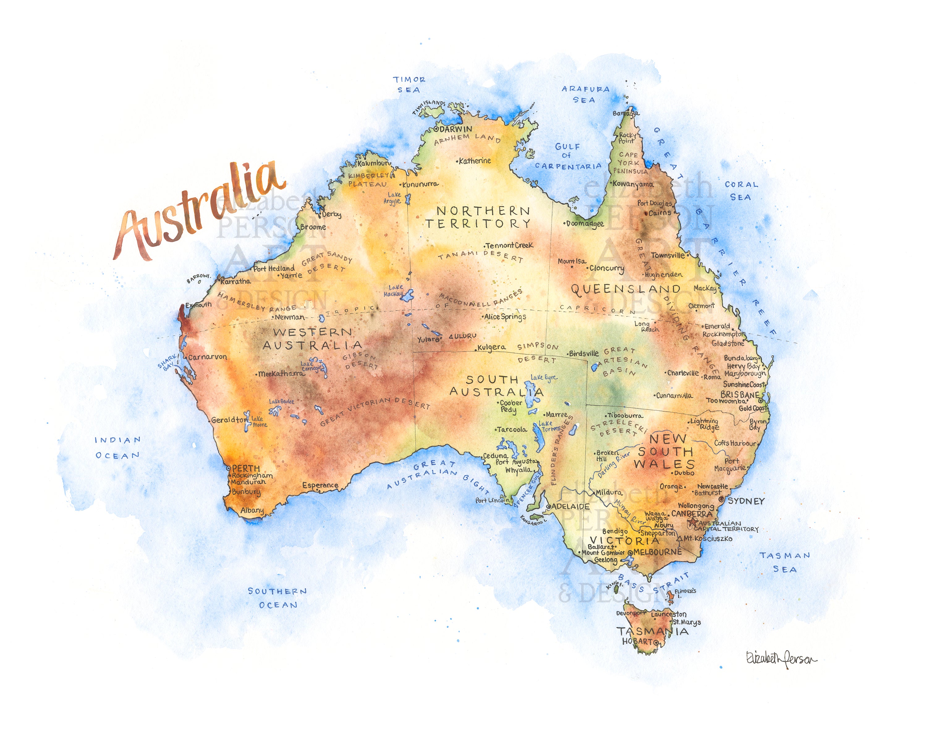 Australia Map Watercolor Map Art Print