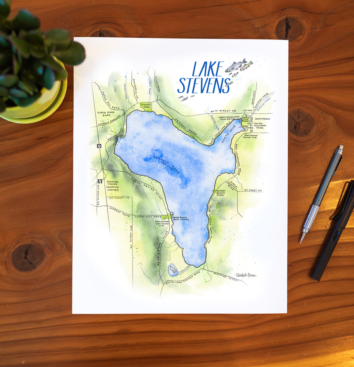 Lake Stevens Washington Watercolor Map Art Print – Elizabeth Person Art