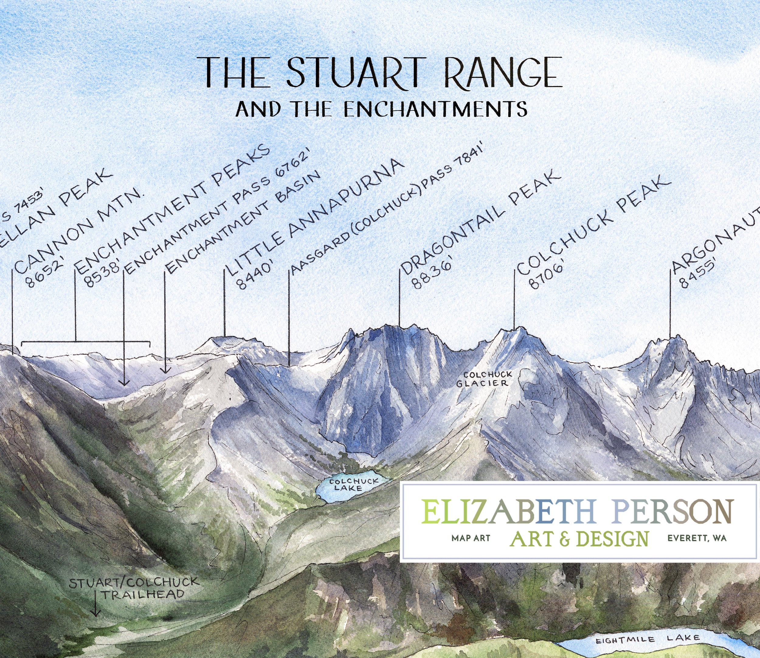 Stuart Range Map The Stuart Range and the Enchantments Mountains Art Print – Elizabeth ...