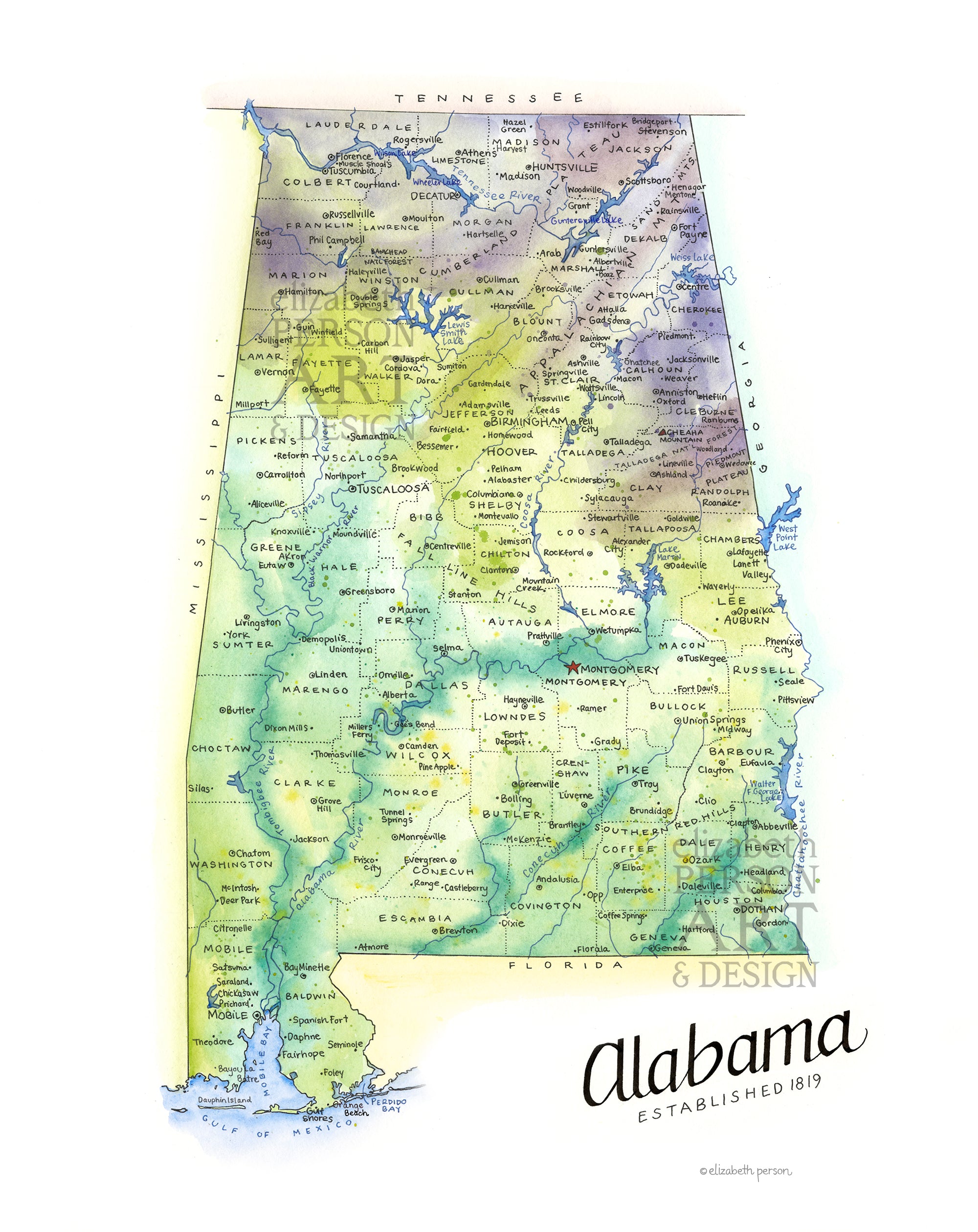 Alabama State Map Watercolor Illustration – Elizabeth Person Art & Design alabama-state-map-watercolor-illustration-elizabeth-person-art-design