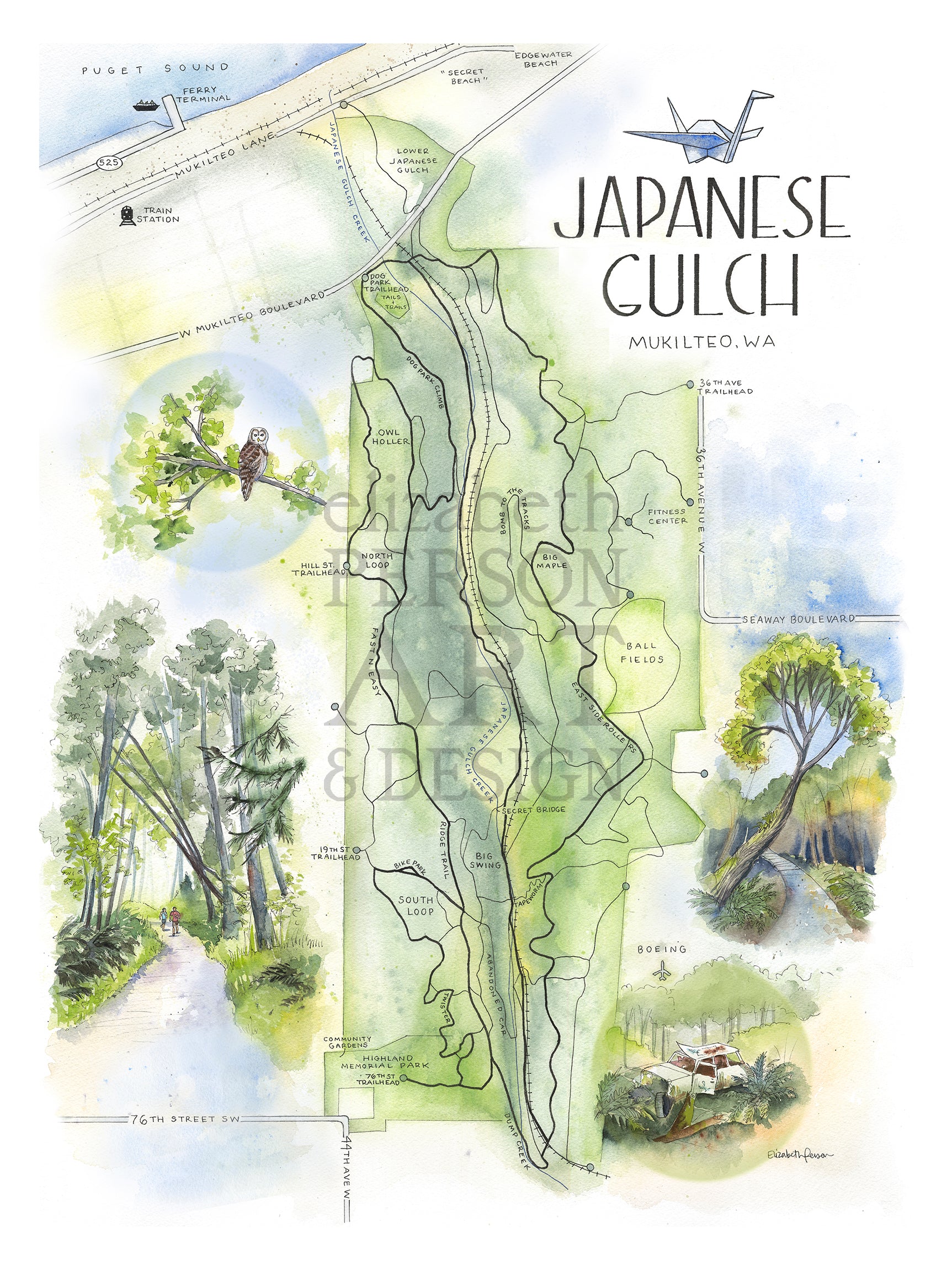 Japanese Gulch Watercolor Trail Map Art Print – Elizabeth Person