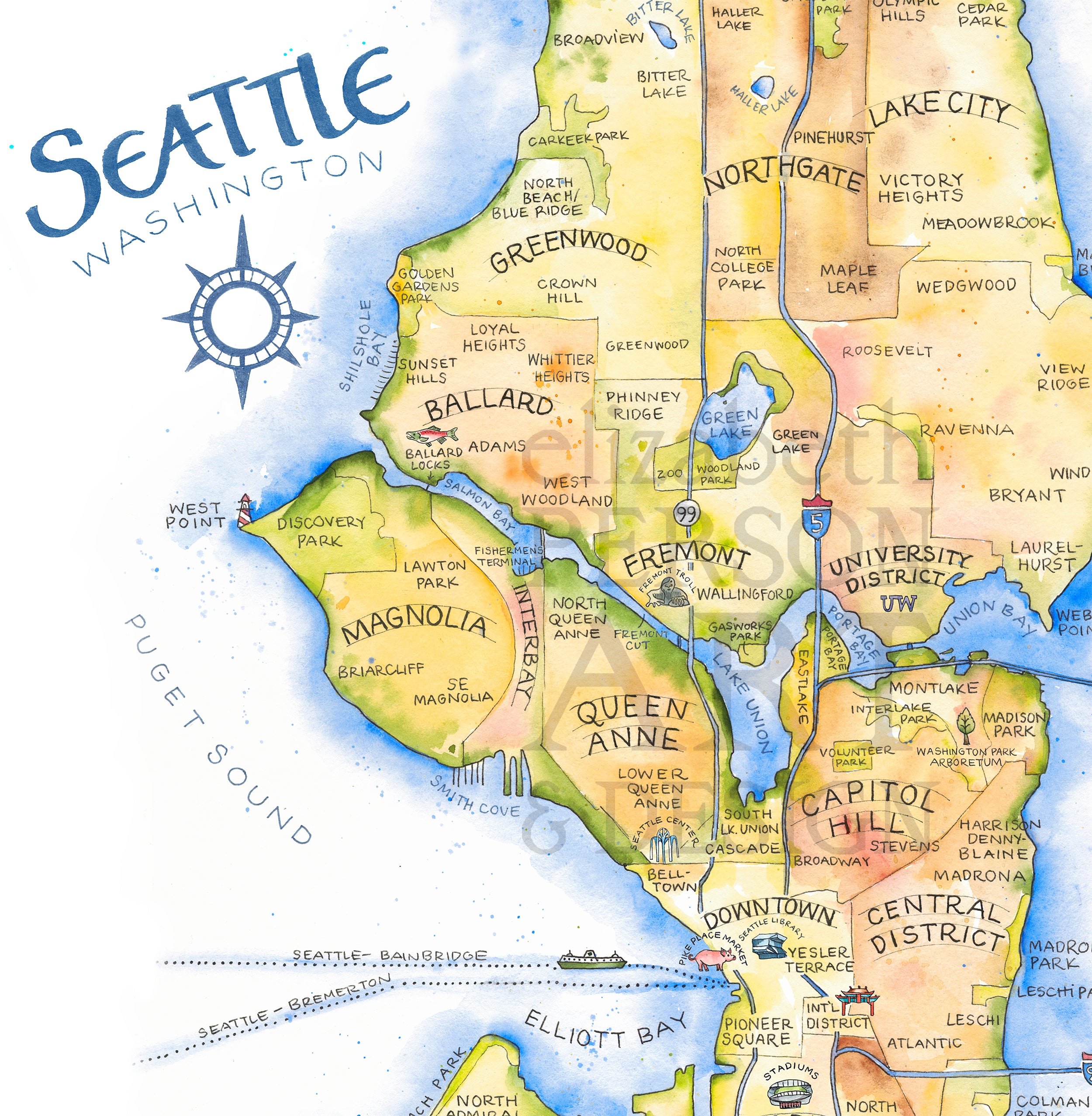 Seattle Watercolor Map Art Print – Elizabeth Person Art & Design