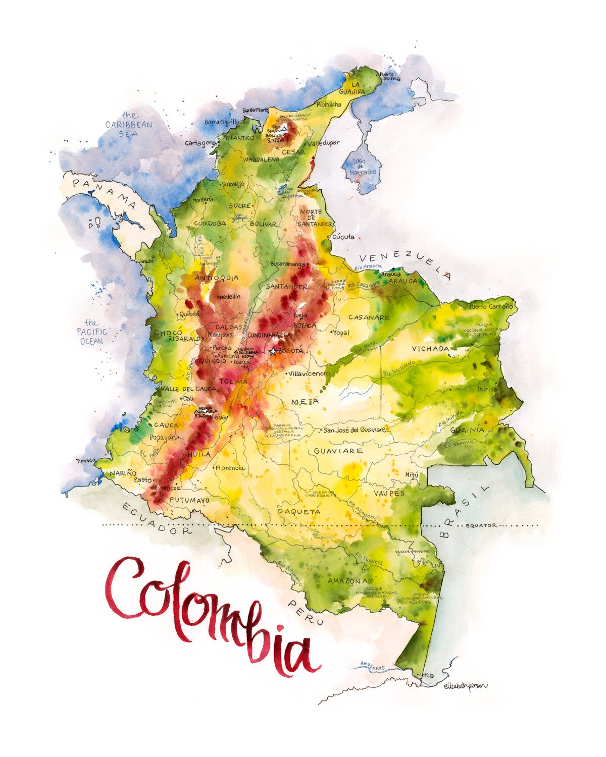 Colombia Map Art Print – Elizabeth Person Art  Design