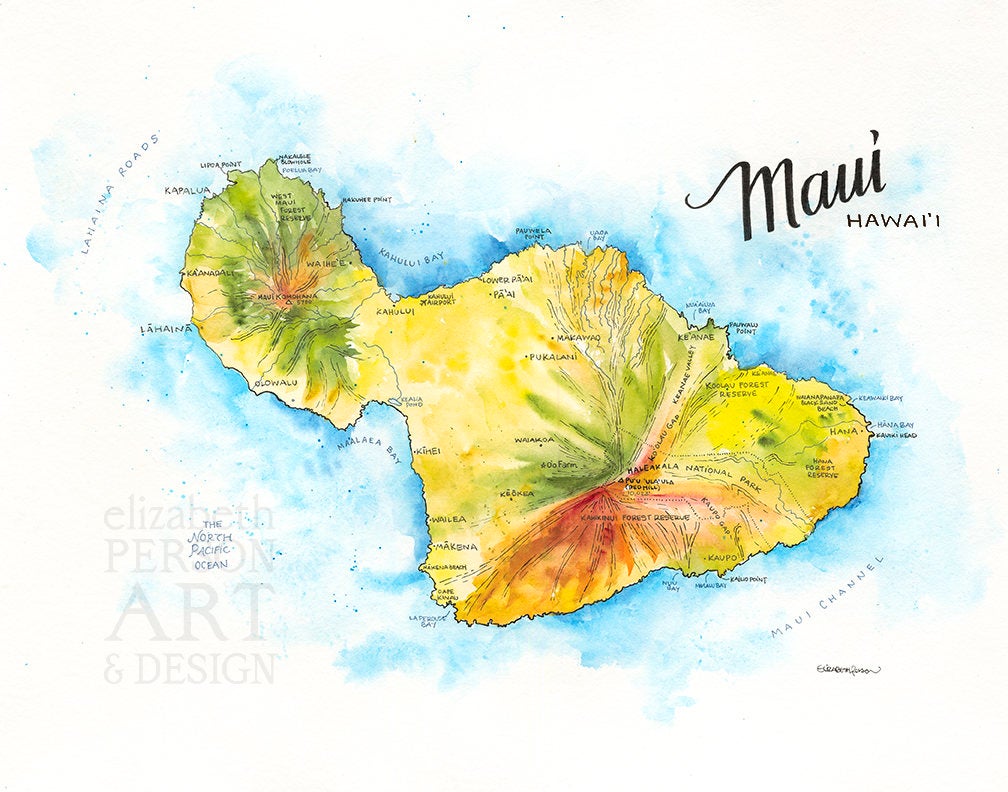 maui-watercolor-map-art-print-elizabeth-person-art-design for Free Printable Map Of Maui Maui Watercolor Map Art Print – Elizabeth Person Art & Design for Free Printable Map Of Maui